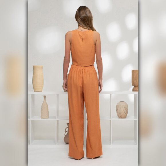 (SET) Moon River Sleeveless Round Neck Crop Top and High Waist Wide Leg Pants - Picture 3 of 10